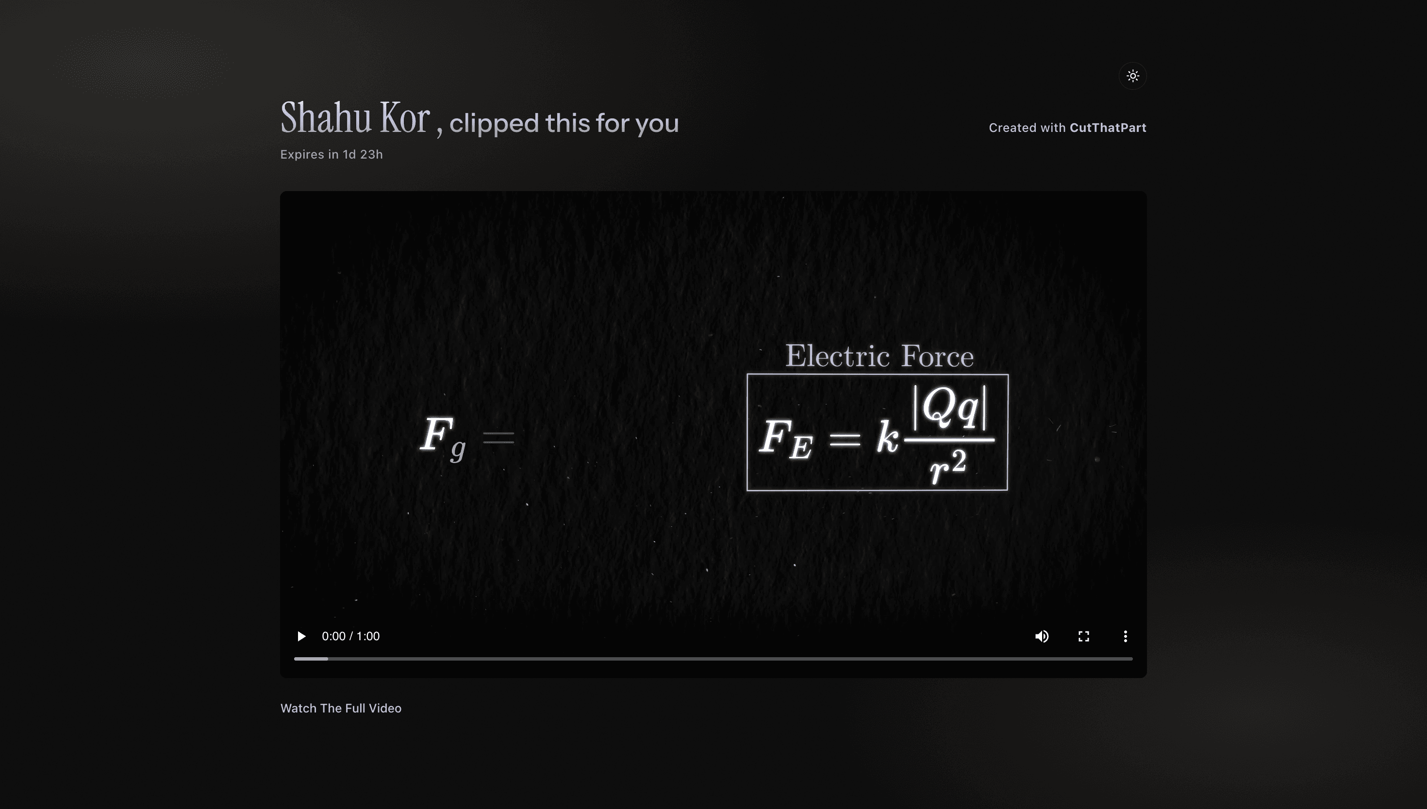 Public share page (dark mode) , this is what others will see when user shares the video link
