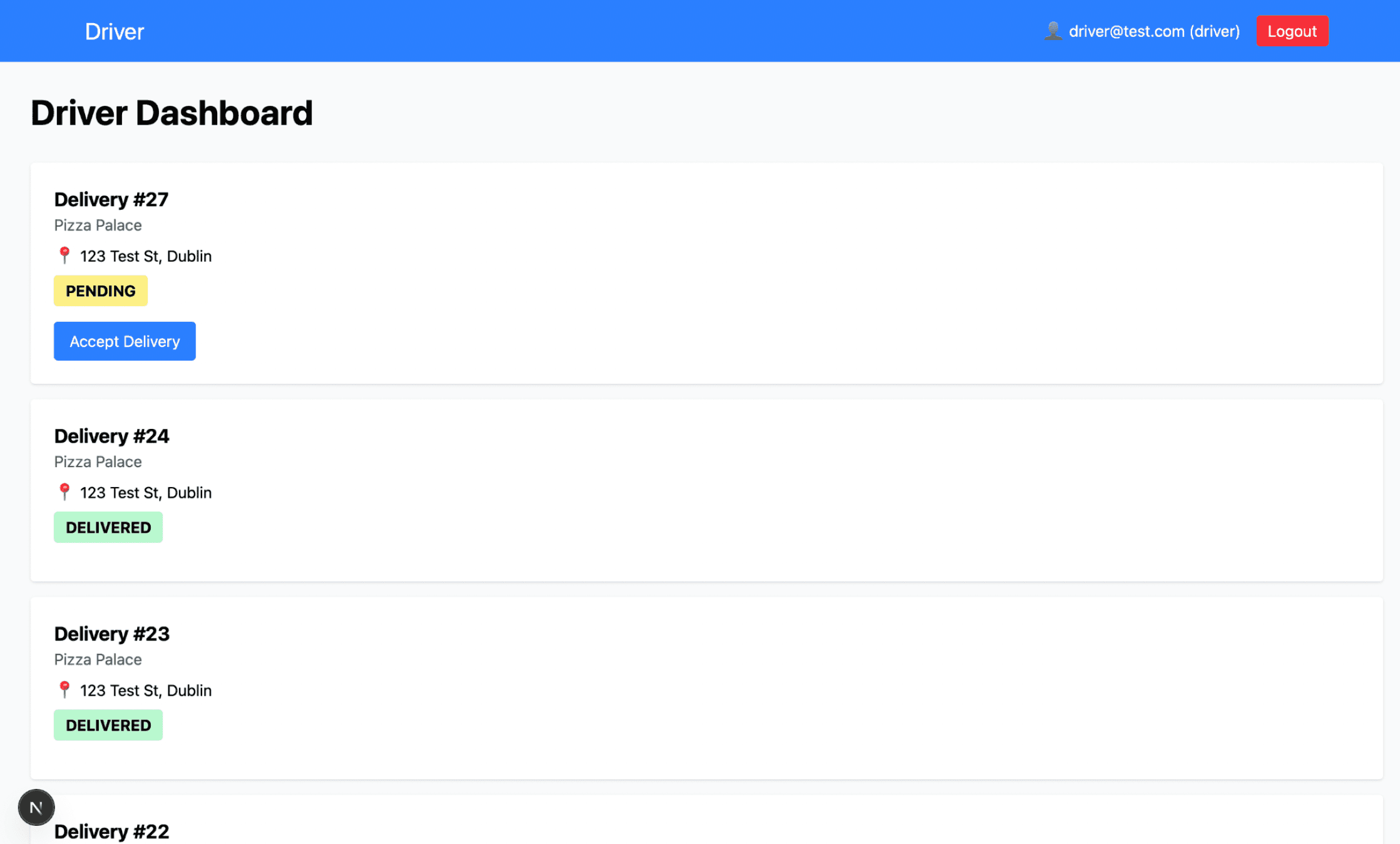 Driver dashboard for delivery tracking