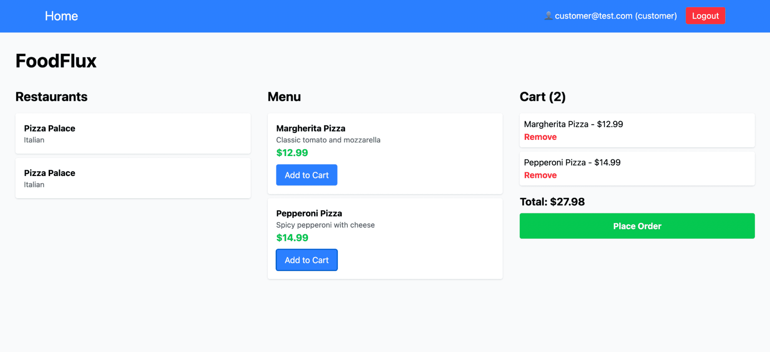 Customer dashboard browse restaurants