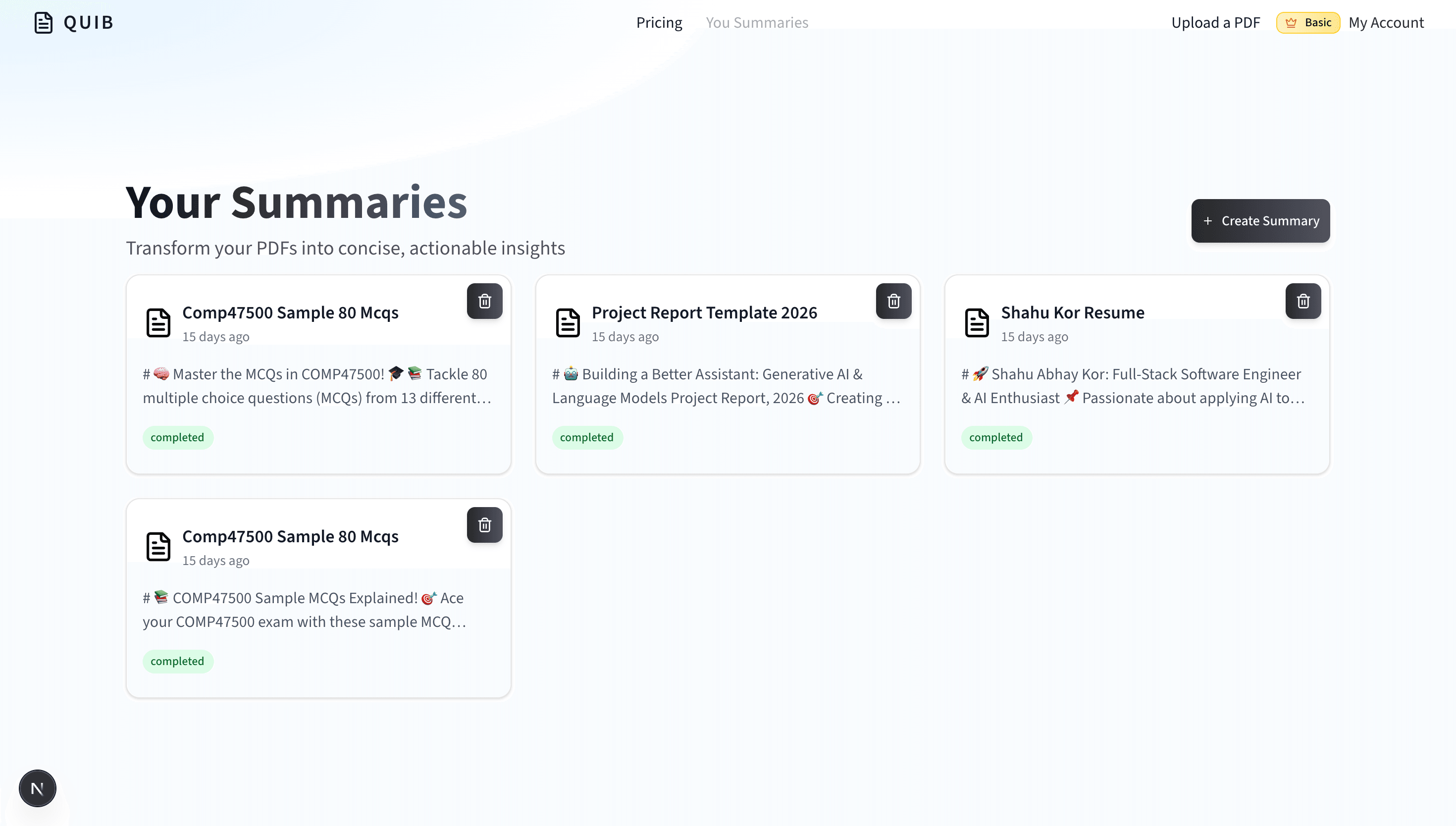 User dashboard