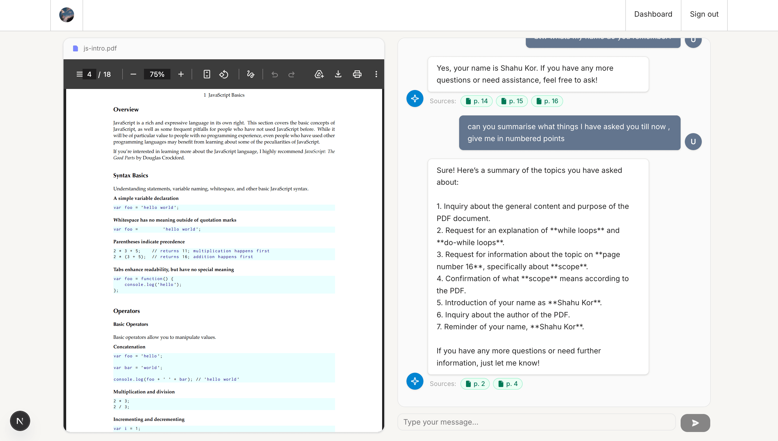 Side-by-side PDF viewer and chat interface